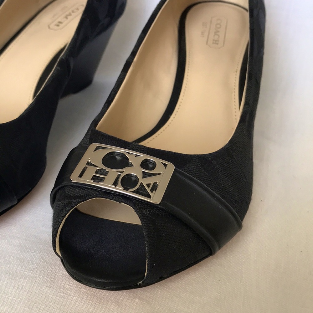 Coach classic logo fabric peep toe wedges with leather detailing and linings